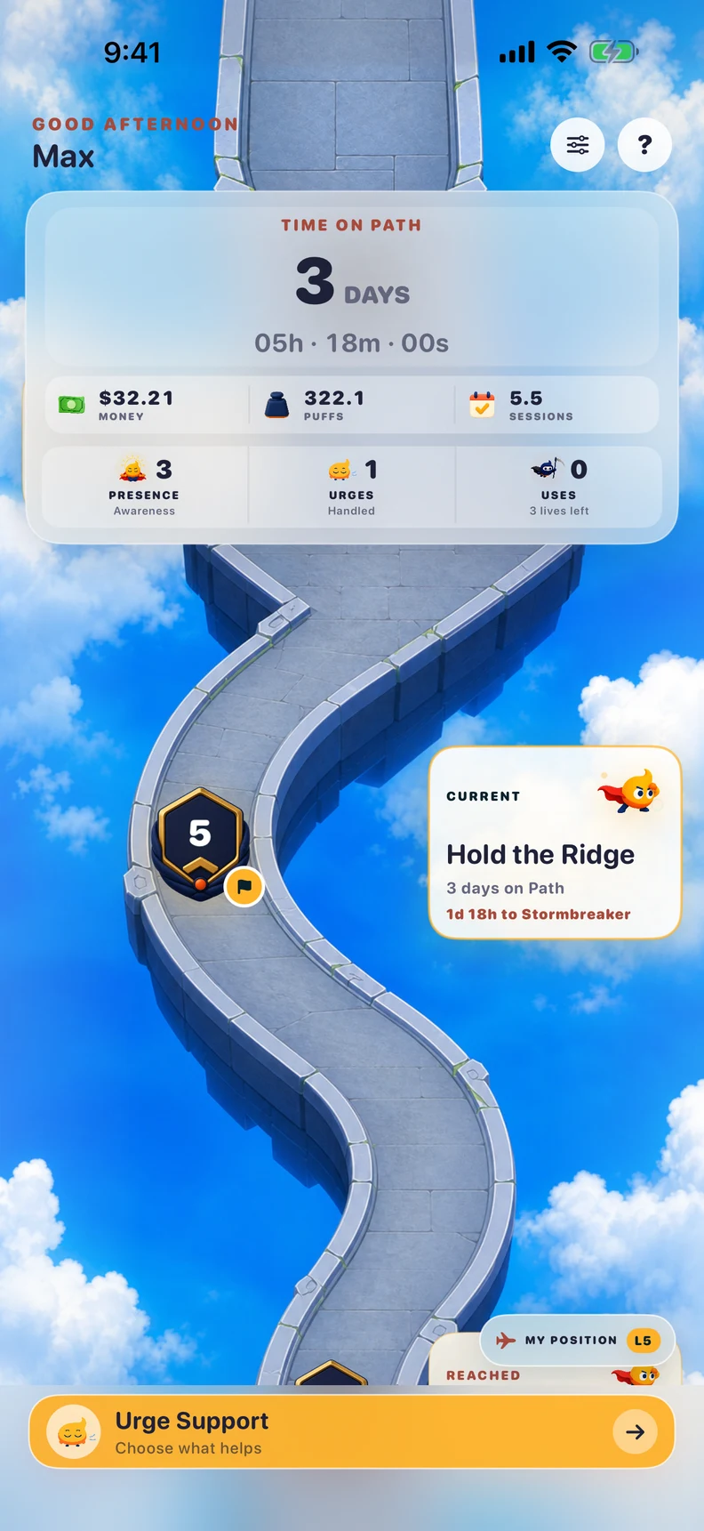 The Lungsmaxing Path: three days tracked and the level-5 milestone.