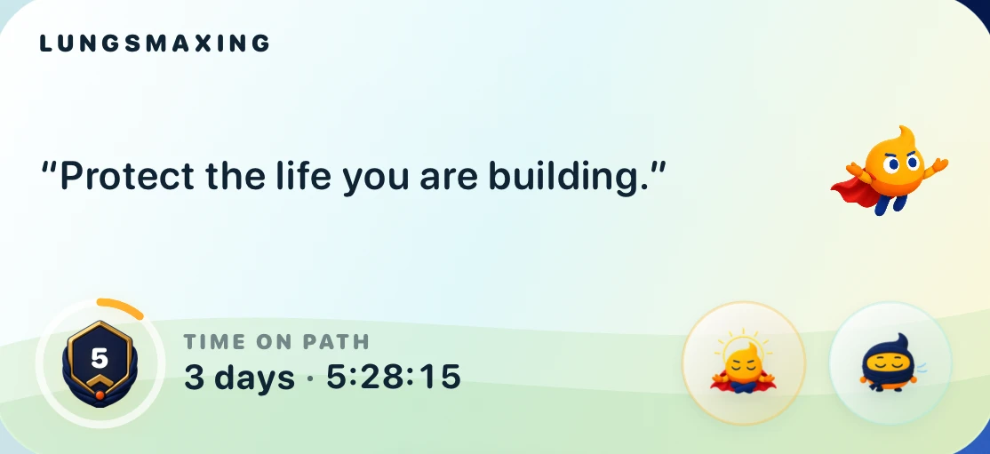 Lungsmaxing Home Screen widget showing three days, level 5 and a reminder to protect the life you are building.